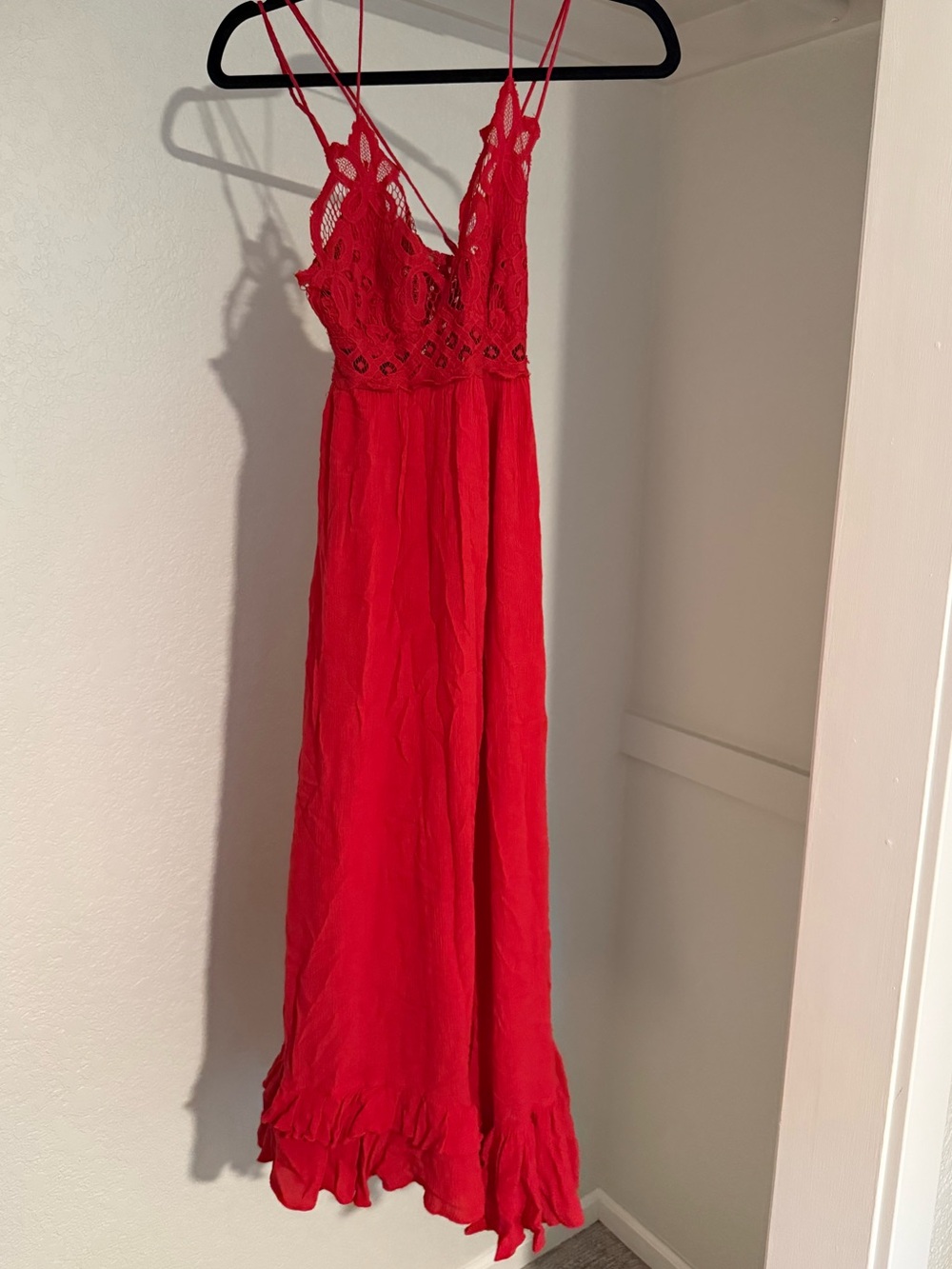 Free People Red Lace Bodice Maxi Dress with Spaghetti Straps